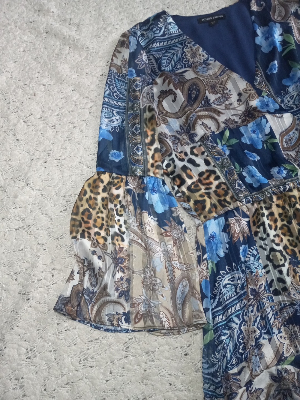 Boston Proper Wild Patchwork Print Flare Sleeve Peasant V-Neck  Dress Size L - Picture 7 of 9